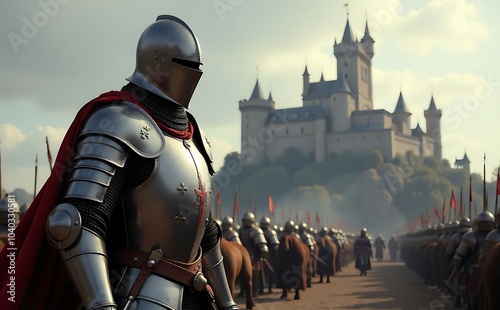 Medieval Knight Before Castle, Soldiers in Red Armor.