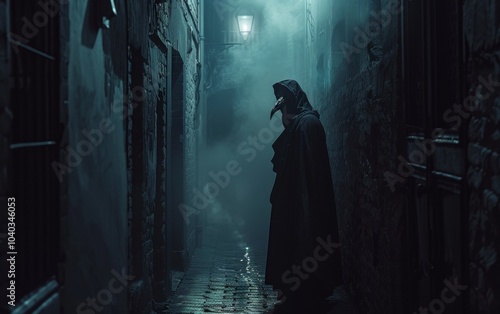 A ominous figure in plague doctor costume stands in a misty, dimly lit alleyway, evoking a sense of mystery and historical drama