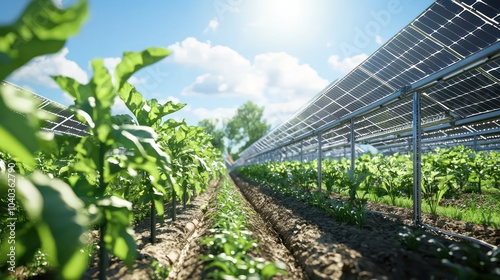 A depiction of agrivoltaics innovation, where agriculture meets solar energy, with panels installed above crops to optimize land use while generating renewable energy.