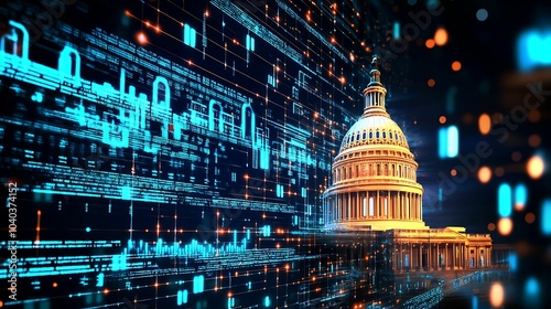 The U.S. Capitol building juxtaposed with illuminated financial charts and data, symbolizing the intersection of government policy and economic markets.