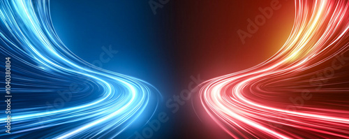 Dynamic abstract digital design featuring vibrant blue and red neon light trails creating sense of movement and energy. This visually striking image evokes feeling of speed and modernity