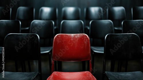 A single red chair stands out amidst a multitude of black chairs, representing individuality and prominence in a setting characterized by conformity and uniformity.