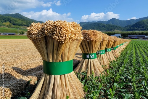 Sheaves of wheat drying in the field, tied up in bundles, glowing golden under the warm autumn sun