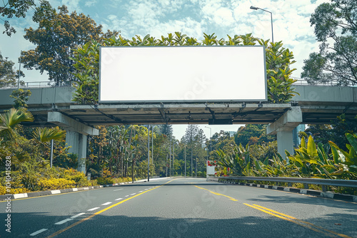 hyper realistic photo of Horizontal blank advertising poster billboard banner mockup on overhead bridge, on main road; plants and tress in background; for OOH out of home media