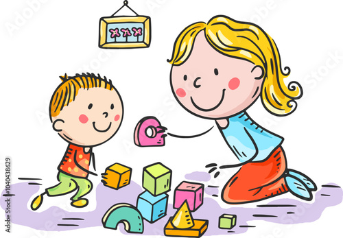 Mother and son playing with building blocks at home. Happy cartoon family activity clipart. Parenting, motherhood concept. Parent actively spends time with child