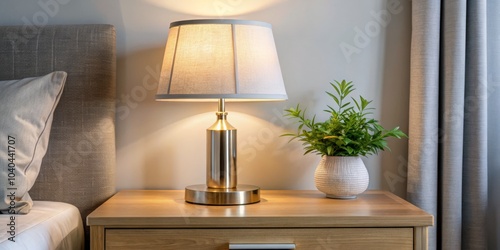 Golden Table Lamp on Wooden Nightstand with Plant, Bedroom Interior, Nightstand Decor, Lamp Lighting, Home Design, Bedside Table, Bedroom Furniture