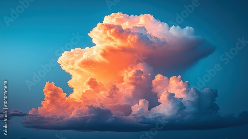 A large cloud with a pinkish hue is floating in the sky. The sky is blue and the sun is setting