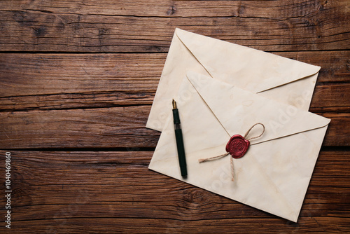 Old letter envelopes and pen on wooden table, top view. Space for text