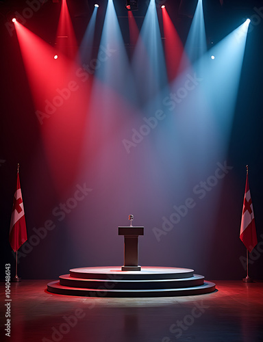 Puste podium prezydenckie jest oświetlone reflektorem na dużej scenie przed flagą symboliczną wyborów w Stanach Zjednoczonych.