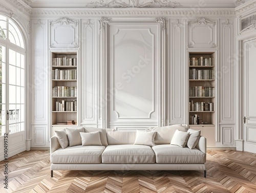 A luxurious living room in a classical style with ornate white paneling, a modern white couch, and elegant bookshelves