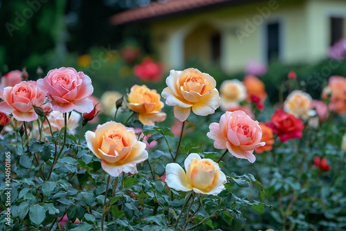 Colorful roses blooming in a garden near a cozy house in spring