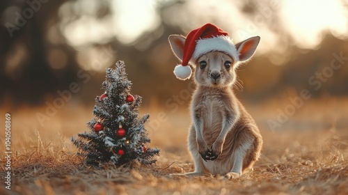 Kangaroo joey in Santa hat hopping near a decorated tree during the festive season