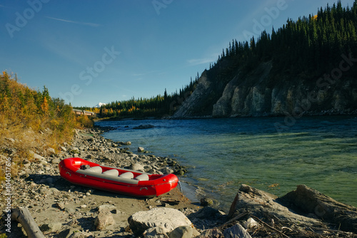 CHATANIKA RIVER, ALASKA, USA - sep 2 2024 Raft on River Chatanika in places where the river crosses with Steese Highway, Alaska