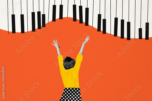 Composite collage picture image of funny lady pianist stretch hands want play music musician have fun bizarre fantasy billboard comics