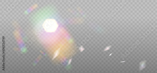 Warm White sun light flares with transparent sparkle effects. Iridescent crystal glare lenses reflection effect. Optical rainbow lights, glare, leak, streak overlay. Sparkling vector falling confetti.