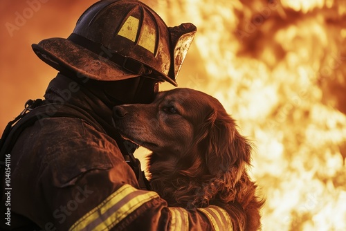 A firefighter embraces a dog amidst flames, showcasing a powerful moment of compassion and bravery during a rescue operation.