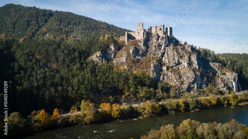 Aerial view of medieval caste Strecno and the Vah river, Slovakia