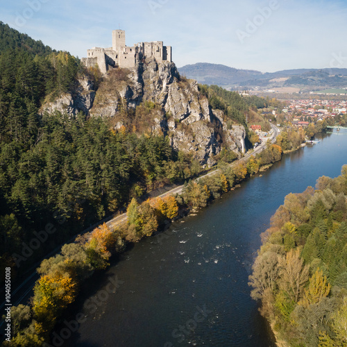 Aerial view of medieval caste Strecno and the Vah river, Slovakia