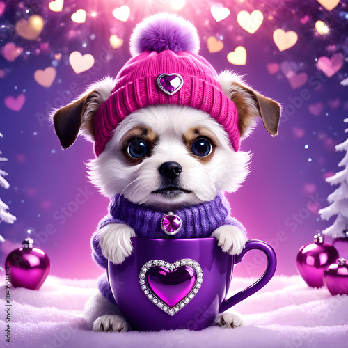 The image showcases an adorable, tiny dog nestled comfortably in a heart-shaped mug. Dressed in an opulent winter outfit of pink, purple, and silver with luxurious jewels, the pup is beautifully illum