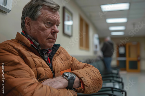 Mid-aged Man Checking Time on Watch While Seated in Hospital