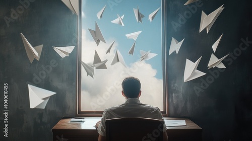 A powerful depiction of a person sitting at a desk with paper planes representing different ambitions and dreams flying out the window, symbolizing the launch and pursuit of personal goals, Desk scene