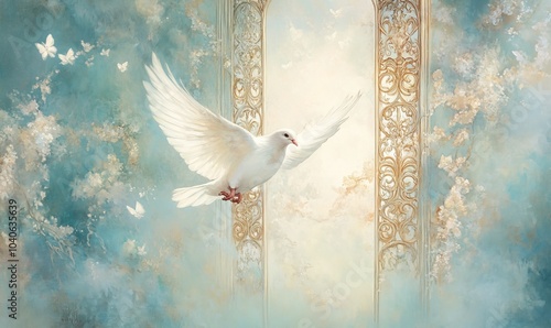 An illustration of a dove gracefully flying through the pearly gates of heaven The painting features a soft, luminous color palette and delicate lines, highlighting the spiritual significance