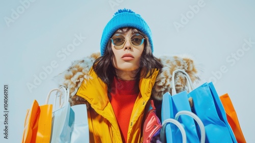 A stylish young woman in winter apparel, surrounded by colorful shopping bags, radiates confidence and joy against a pristine background.