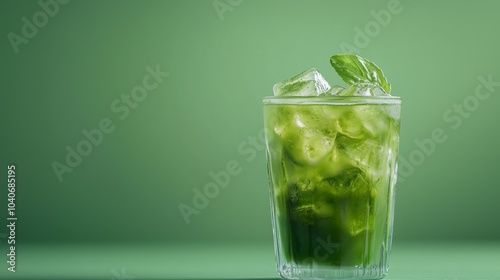 Vibrant Green Refreshment: A Glass of Chilled Herbal Drink with Ice