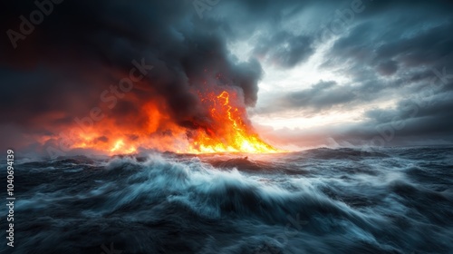 A thrilling scene of a volcano erupting with a fiery plume above turbulent ocean waves, illustrating nature's incredible power and awe-inspiring spectacle.