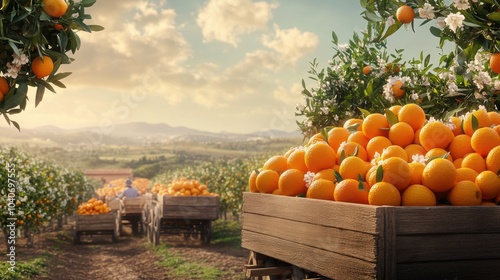 Orange harvest in rural landscape with flowering trees and loaded wooden carts. Agriculture and farming concept