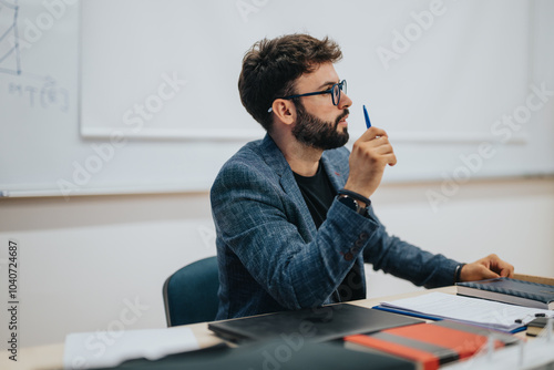 A teacher attentively listens and engages with students during a lesson. The classroom environment fosters learning and interaction, highlighting education and teaching concepts.