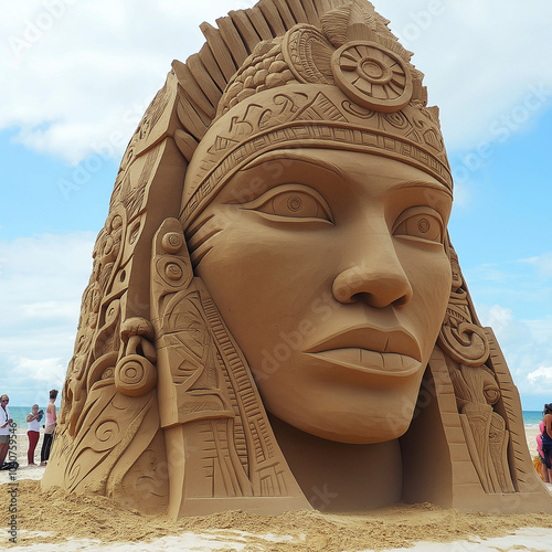 Professional sand sculpting event on a beach with intricate sculptures