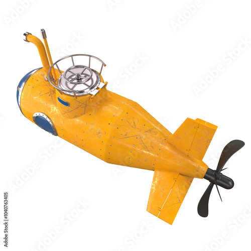 Yellow submarine with periscope isolated on white background, 3d render