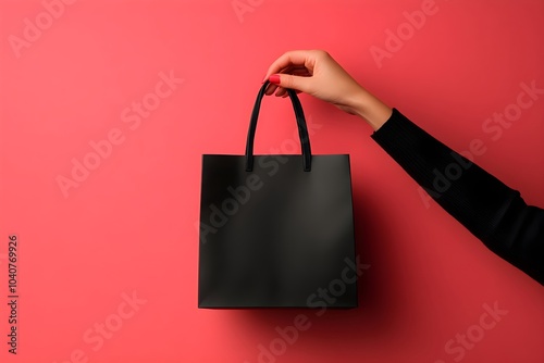 Woman holding black shopping bag on red background. Online shopping concept. Black Friday, 11.11 Single Day, Cyber Monday. Autumn sale and discount advertising banner, poster, flyer with copy space