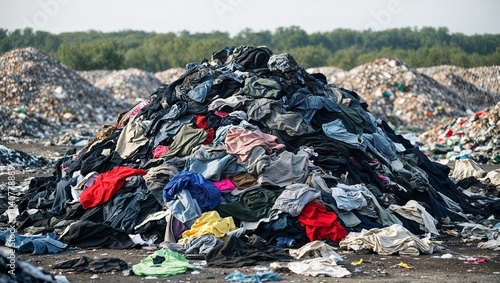 A Pile of Discarded Clothing at a Waste Dump Highlighting Environmental Impact and Textile Waste Management Challenges