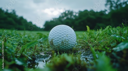 Golf ball flying towards the distant pin, superimposed over lush greens and fairway. Double exposure creates a striking balance of action and stillness