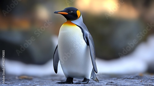 A king penguin, aptenodytes patagonicus on a beach in natural setting with blurred background