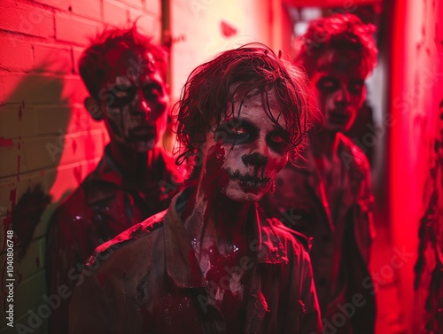 Three zombie figures covered in blood in a dimly lit hallway at night. Generative AI