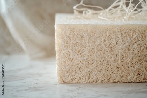 Close-up of a biodegradable mycelium box, highlighting its fibrous texture in soft light against a minimalist, eco-friendly backdrop