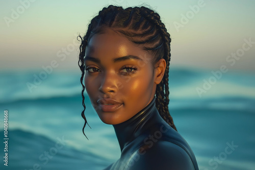 Young black woman with braids is posing at the beach with the ocean in the background