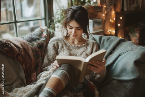 Young woman is enjoying a good book while relaxing on a comfy couch at home on a winter day