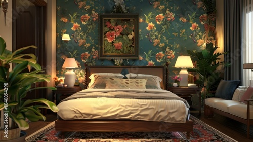 Cozy bedroom with eclectic furniture and bright floral walls, AI generated image