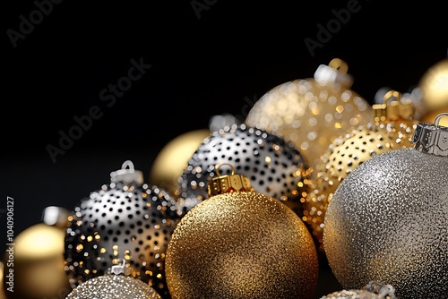 A close-up of gold and silver metallic Christmas ornaments made from high-quality materials, reflecting warm holiday lights, with an isolated black background, ample space for text