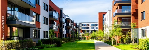 A row of apartment buildings with a green grassy area in between. The buildings are mostly white and brown