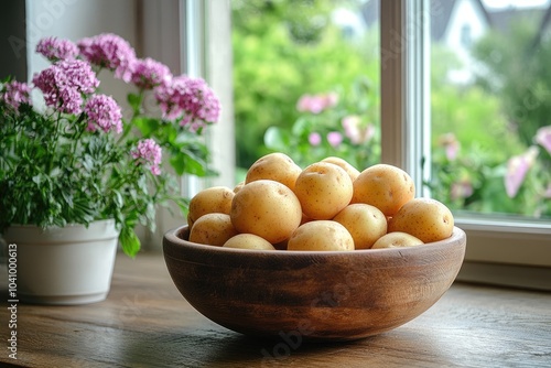 Fresh potatoes resting in bowl on table by sunny window