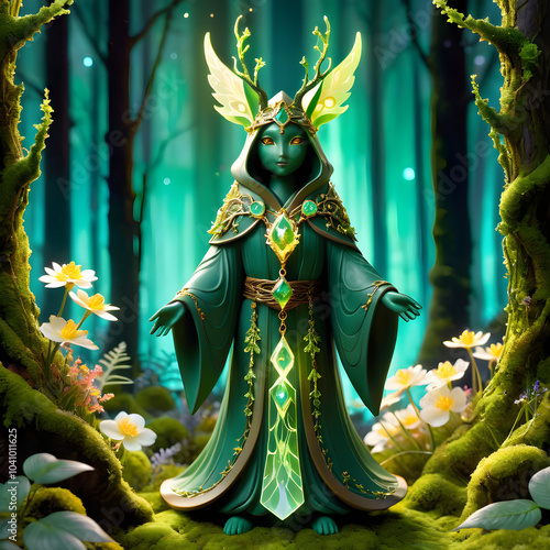 The image depicts a diminutive forest guardian exuding an ethereal glow. Its shimmering green skin, illuminated by the surrounding fireflies, creates a mystical ambiance. Dressed in a robe woven from 