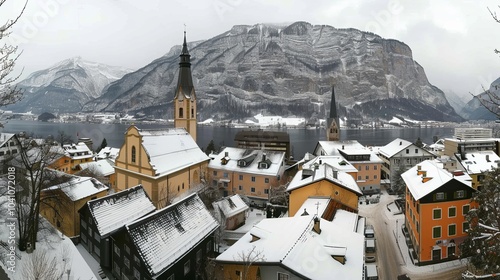 Breathtaking landscape of hallstatt with scenic lake and historic lutheran church view