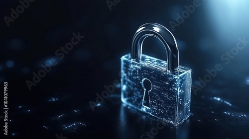 Transparent padlock, digital security concept, glowing background