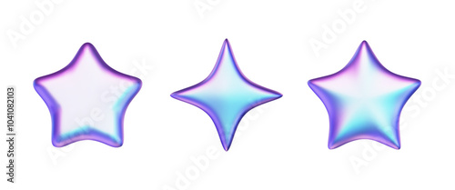 Futuristic 3d stars set. Holographic icons. Chrome inflated elements for future, techno digital deigns. Vector cartoon illustration. Glossy y3k sticker.