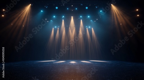 majestic stage illumination, golden horizon beam rays, blue spotlights ascending, sparkling particle floor, premium event lighting, dramatic dark atmosphere, celestial light show, volumetric rays,